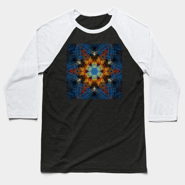 Weave Mandala Blue Yellow and Red Baseball T-Shirt by WormholeOrbital